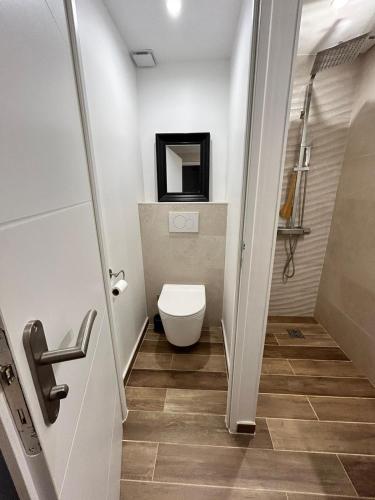 une petite salle de bain avec toilettes et lavabo dans l'établissement petite maison de vacances avec piscine dans un domaine, à Fayence