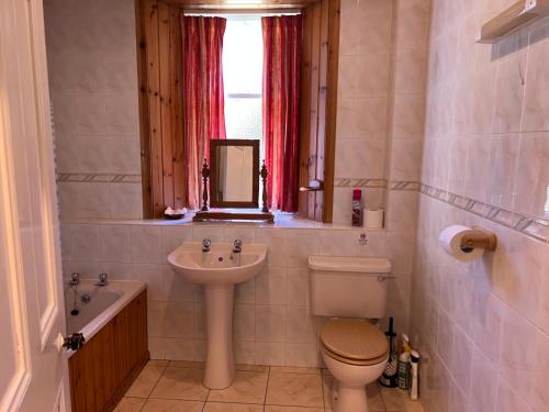 une salle de bain avec un lavabo et des toilettes et une fenêtre dans l'établissement Laundry Cottage, à Lanark