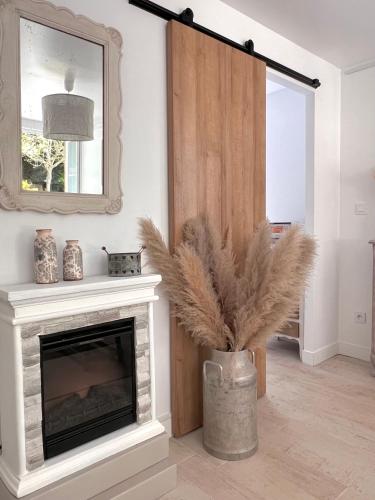 un salon avec une cheminée et un miroir dans l'établissement La Maison de Manou, à La Noë-Poulain