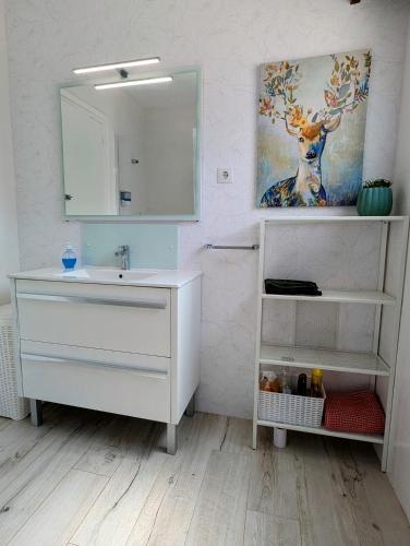 a bathroom with a white sink and a mirror at Chalet independiente con piscina in Partida de La Cañada