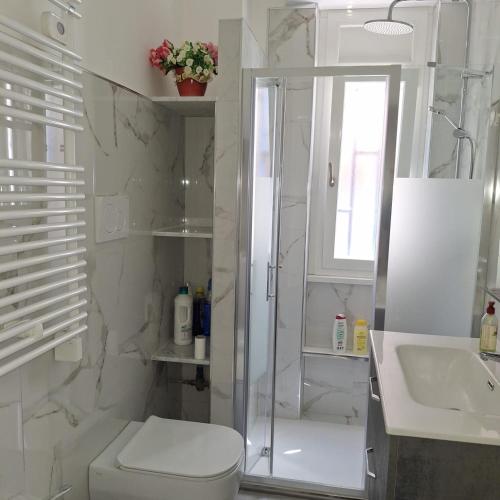 a bathroom with a shower and a toilet and a sink at Casa Gelsomina apartment in Rapallo