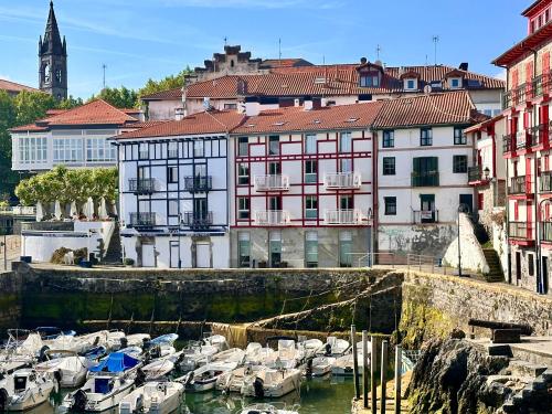a group of boats docked in a harbor with buildings at Apartamentos&Spa Mundakaport in Mundaka