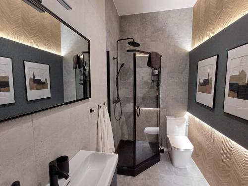 a bathroom with a shower and a toilet and a sink at Apartamenty 1M11 Centrum - opcjonalne miejsce parkingowe, dostęp na kod, NETFLIX in Łódź