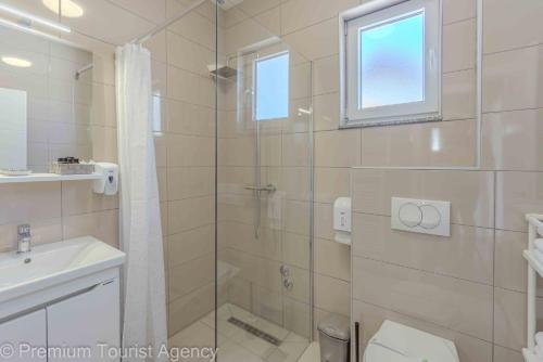 a bathroom with a shower and a toilet and a sink at Hotel Central Vlasic in Vlasic