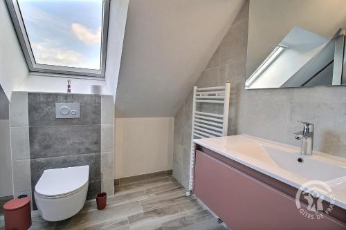a bathroom with a sink toilet and a skylight at Le paradis perdu in Mur-de-Bretagne