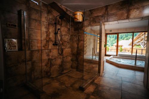 a bathroom with a walk in shower and a tub at Villa Hope (Vila Speranta) in Băile Tuşnad