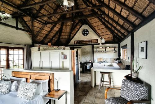 a room with a bed and a kitchen with a ceiling at Graceland Eco Retreat in Magoebaskloof