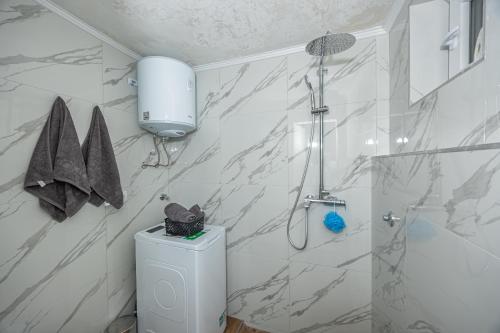 a white bathroom with a shower and a toilet at Studio Apartman Zlata in Stinica