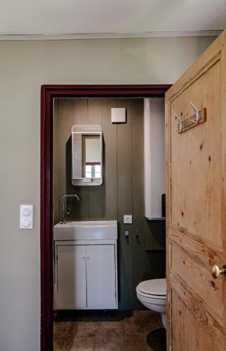 une salle de bain avec un lavabo et des toilettes dans l'établissement La maison Rouge, à Bard-lès-Époisses