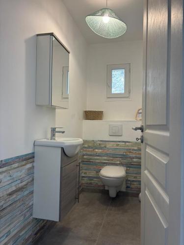 une salle de bain avec toilettes, lavabo et miroir dans l'établissement Casa Orizonte, Viggianello, à Viggianello