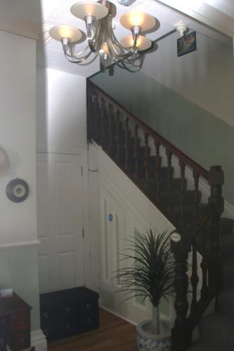 a staircase with a chandelier and a plant at Parkfield Hotel in Bournemouth