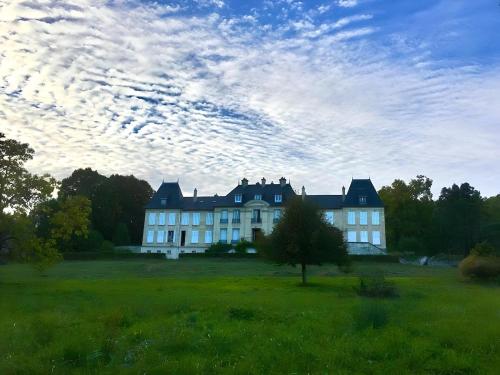 a large white house in a field with a cloudy sky at Château Champêtre 8 chambres, parc 18 ha, 4 étangs in Fontenoy