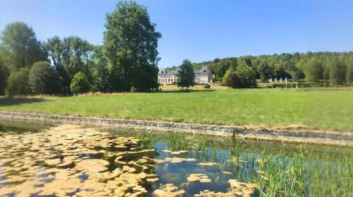 a field with a house in the background and a body of water at Château Champêtre 8 chambres, parc 18 ha, 4 étangs in Fontenoy