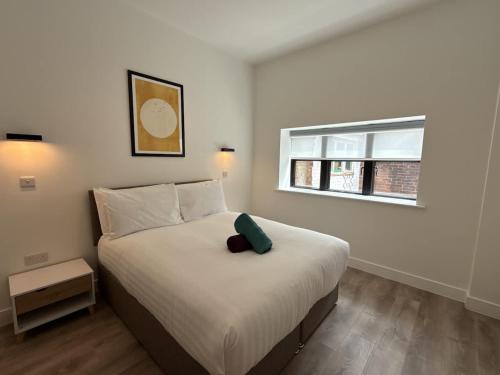 une chambre avec un grand lit avec une fenêtre dans l'établissement Luxury 2 bedroom 2 bathroom All ground floor centrally located - 1 Queen Street - Ashbrook Serviced Apartments, à Abingdon