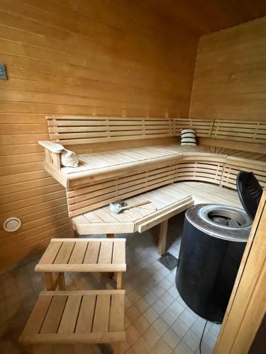 a sauna with a toilet and benches in a room at Wiisalan Kartano in Savonlinna