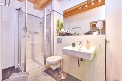 a bathroom with a shower toilet and a sink at Mountain Safari Garmisch - Spacious, scenic and steps from adventure in Garmisch-Partenkirchen