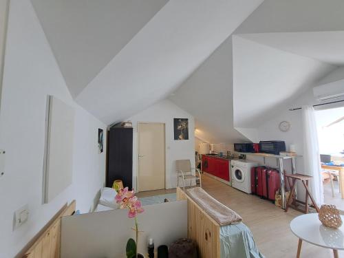 a room with a kitchen and a living room at Grand studio varangue lagon La Saline in Saint-Paul