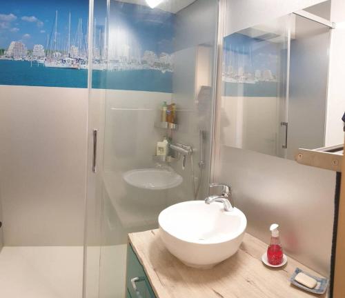 une salle de bain avec un lavabo et une douche dans l'établissement Quartier couchant Appartement t2 cabine pour 4 personnes N107, à La Grande Motte