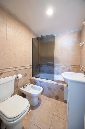 a bathroom with a toilet and a sink and a shower at Hotel Punta Condor in San Carlos de Bariloche