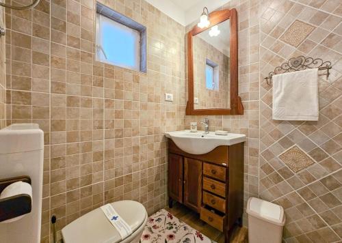 a bathroom with a sink and a toilet and a mirror at Olimpia 3 in Novigrad Istria