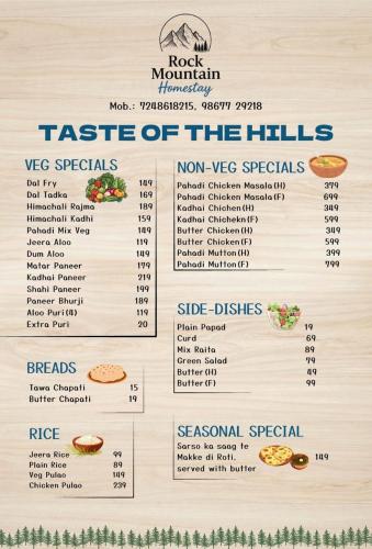 a menu of the taste of the hills at Rock Mountain Premium Stay Near Rock Garden Dalhousie in Dalhousie