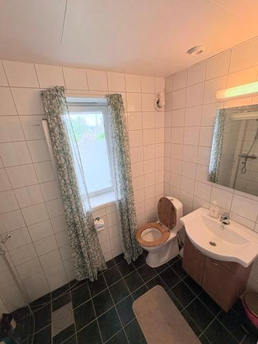 a bathroom with a toilet and a sink and a window at Cozy apartment close to nature in Tromsø