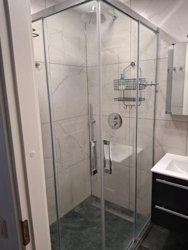 a shower with a glass door in a bathroom at Virmalise apartments in Tallinn