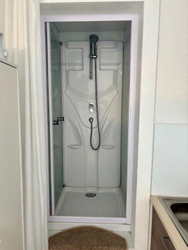 una ducha en un baño con puerta de cristal en kleine und charmante Monteurs Unterkunft D, en Karlsruhe