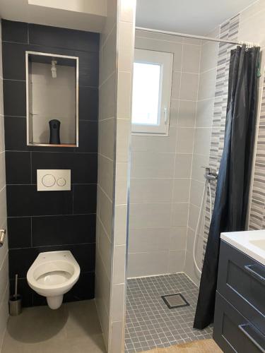 ein Badezimmer mit Toilette und Dusche in der Unterkunft Un jour en Provence in Cabannes