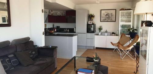 un salon avec un canapé et une cuisine dans l'établissement Cœur de ville Appartement t2 cabine pour 4 personnes N127, à La Grande Motte