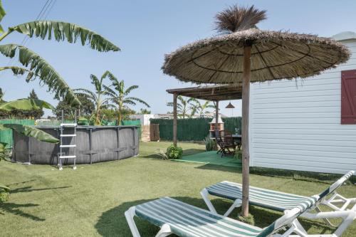 two chairs and an umbrella in a yard at Villa Guerrero in Conil de la Frontera