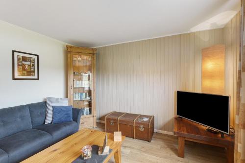 Una sala de estar con un sofá azul y un televisor de pantalla plana. en Ferienwohnung Dorlar, en Schmallenberg