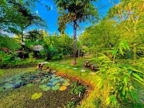 a park with a pond with lily pads and a tree at Elephant Lake Villa, Yoga & Meditation Sanctuary in Sigiriya