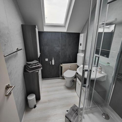 a bathroom with a toilet and a sink and a shower at Urlaubszuhause 