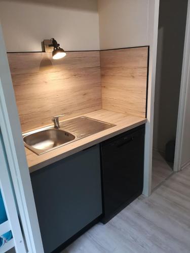 une cuisine avec un évier et un plan de travail dans l'établissement Hübsches Tiny Cottage Mit Waldblick Im Feriendorf, à Mareuil-sur-Lay
