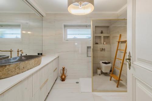 a bathroom with a large sink and a toilet at Lovely House in Setúbal