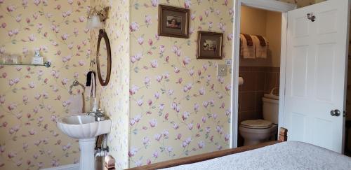 a bathroom with a sink and pink butterflies on the wall at Wilbraham Mansion in Cape May