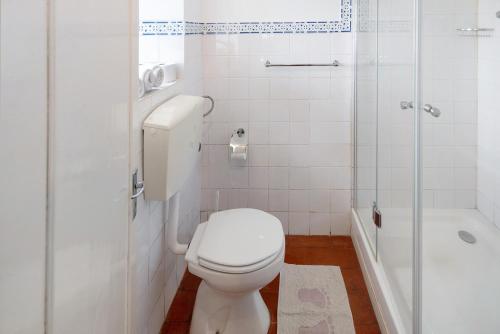 a white bathroom with a toilet and a shower at Quinta das Queimadas in Nordeste