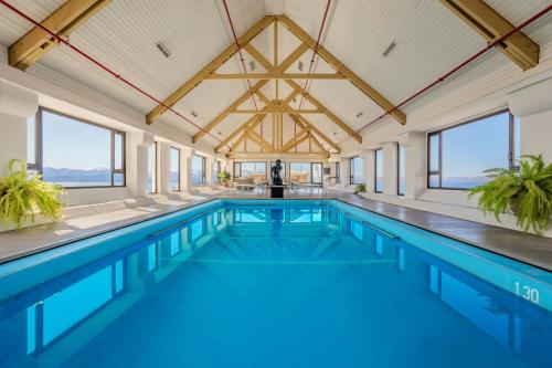 a swimming pool with blue water in a building with windows at Sheraton Bariloche Hotel in San Carlos de Bariloche