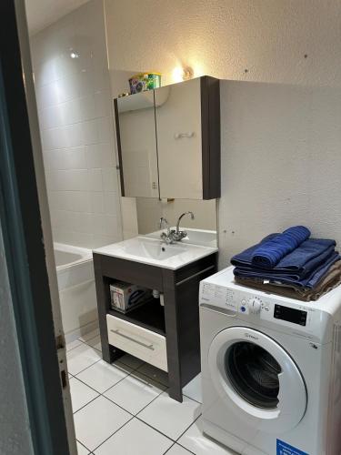 une salle de bain avec une machine à laver et un lavabo dans l'établissement Joli T3 Proche de l'hôpital, à La Tronche