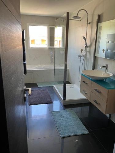 a bathroom with a shower and a sink and a tub at Villa la Gardiole in Vic-la-Gardiole