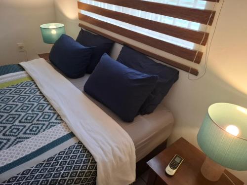 a bedroom with a bed with blue pillows and a window at Tropical Palm Retreat in Willemstad