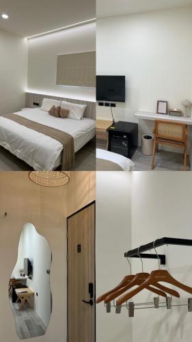 a collage of four pictures of a hotel room at 小島之後After Island in Liu-ch'iu Yü