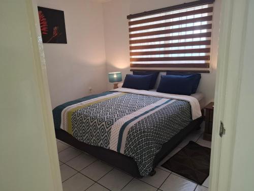 a bedroom with a bed with blue pillows and a window at Tropical Palm Retreat in Willemstad
