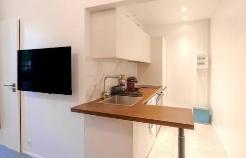 une cuisine avec un évier et un plan de travail dans l'établissement Le Lac Studio Moderne Proche Suquet - climatisation Wifi - LIMESTAY, à Cannes