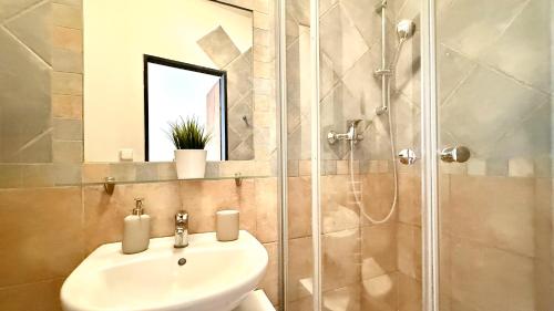 a bathroom with a sink and a shower at Penzion a Vinoteka Hrozen in Kroměříž