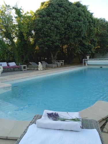 une piscine bleue avec une serviette et des fleurs dessus dans l'établissement Le Mas des Baux, à Bédoin
