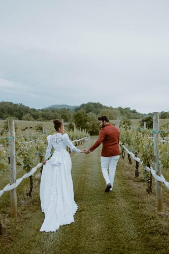 a bride and groom walking through a vineyard holding hands at Events and Concierge, 6BR Heated Pool Near Wineries in Hume