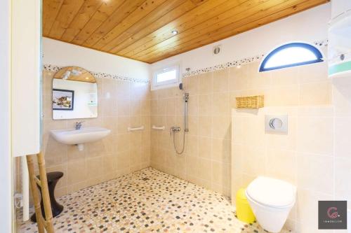 une salle de bain avec un lavabo, des toilettes et une douche dans l'établissement Maison PMR à 5 min du lac de Sanguinet 4 personnes, à Sanguinet