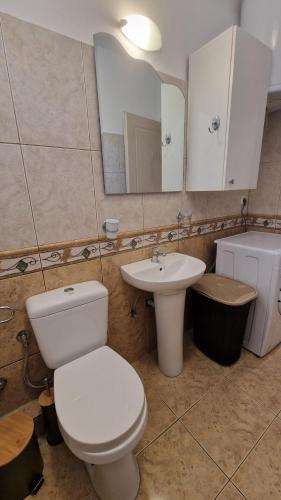 a bathroom with a toilet and a sink at Nicole House in Ayia Evfimia
